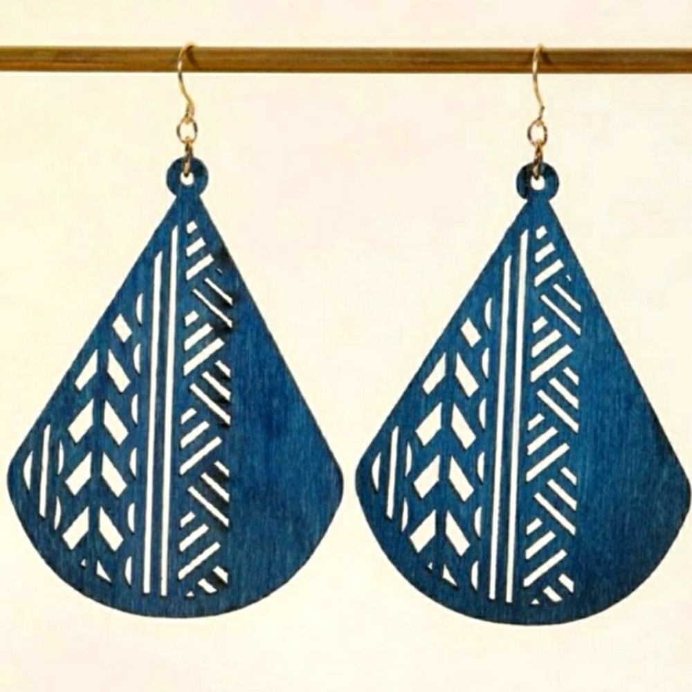 Bohemian Wood Blue Cut Out Design Earrings